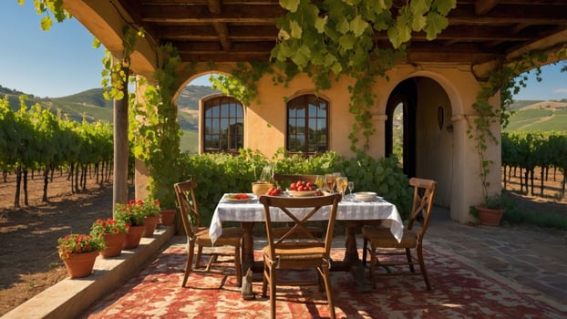 Cozy vineyard patio with a dining table set for a meal, surrounded by lush grapevines and hills photo