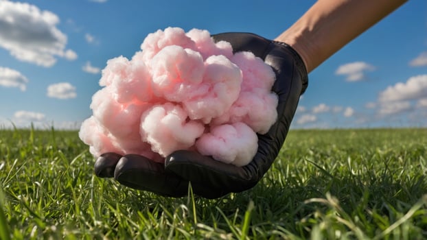 Hand holding fluffy pink cotton candy against a clear blue sky with green grass in the background photo