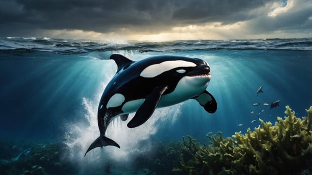 Majestic orca swimming gracefully through vibrant underwater scene with coral and sunlight beams photo