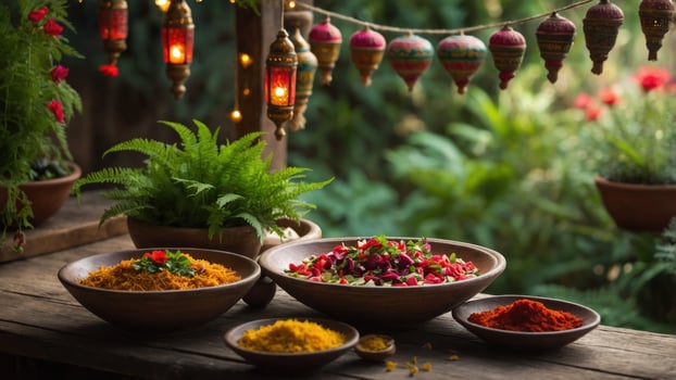 Vibrant display of spices and flowers in rustic bowls, set in a lush garden with decorative lanterns photo