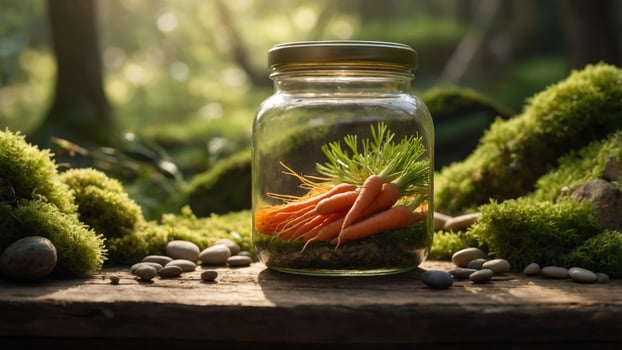 Freshly harvested carrots placed in a glass jar surrounded by moss and stones in a serene forest photo