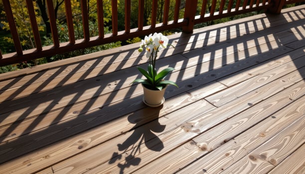 a solitary orchid pot casts a long shadow across a wide wooden railing in the late afternoon sun. photo