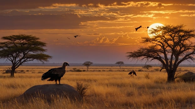 Majestic vulture perched on a rock at sunset in a savanna, with birds flying and trees silhouetted photo