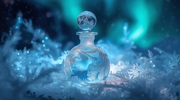 A magical glass potion bottle filled with glowing blue liquid, surrounded by frost and sparkles, with a mystical aurora in the background, evoking a sense of winter enchantment and mystery photo