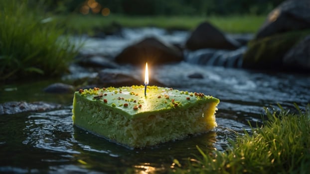 A vibrant green cake with a lit candle floating on a serene stream surrounded by lush greenery photo