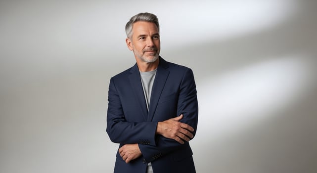 A confident middleaged businessman with graying hair and a beard, wearing a navy blue blazer and a gray tshirt, posing with his arms crossed in a studio setting with dramatic lighting photo