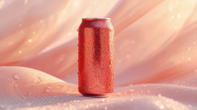 A vibrant red soda can, covered in sparkling condensation droplets, sits on a soft, draped pink fabric surface, catching the light and creating a refreshing, modern aesthetic photo