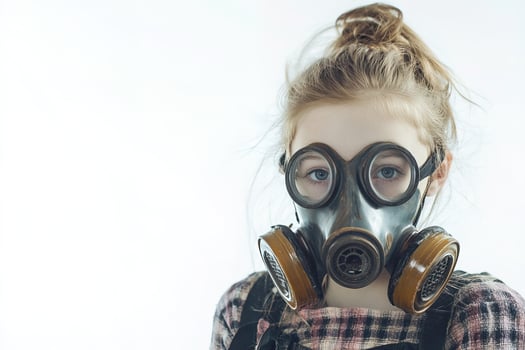 Gas mask girl isolated on white background with empty copy space. great for book covers, protest graphics, conceptual projects or climate focused visual storytelling photo