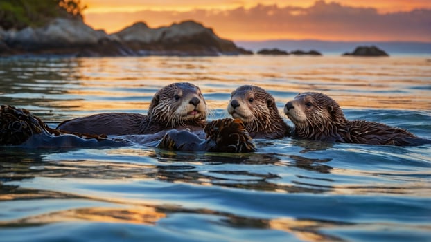 Three playful otters swimming together in calm waters at sunset, surrounded by kelp and rocky shores photo