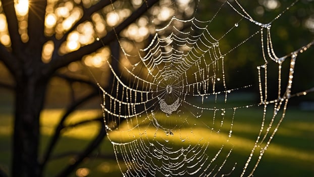 Morning sunlight glistens on a dew-covered spider web, highlighting nature's intricate design photo
