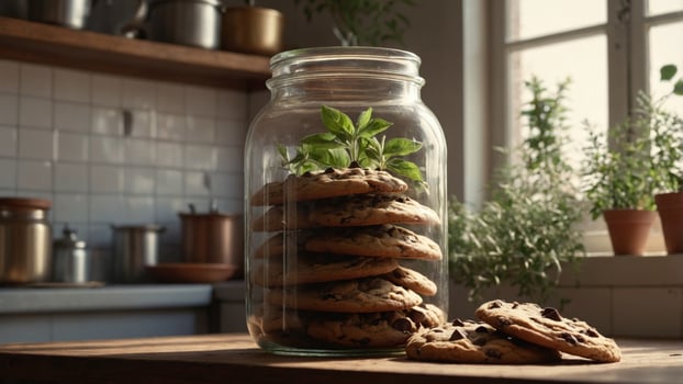 Freshly baked chocolate chip cookies in a glass jar with herbs, set in a cozy kitchen environment photo