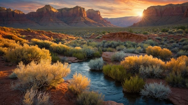 Serene sunset over rugged mountains with a winding river and vibrant desert vegetation in the foreground photo