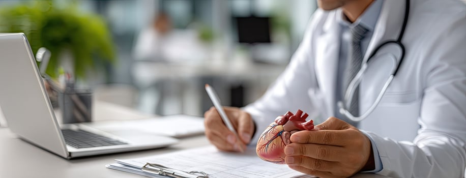 A doctor is holding a heart model on a clipboard photo