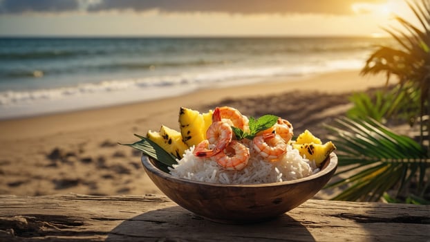 A vibrant bowl of shrimp and rice garnished with pineapple, set against a serene beach sunset photo