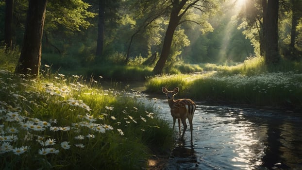 A serene forest scene with a deer standing in a stream surrounded by wildflowers and sunlight photo