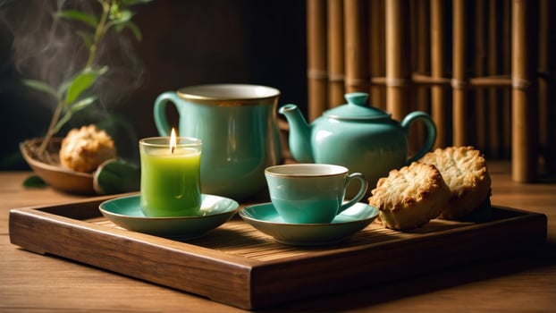 Tranquil tea setting with green tea, candle, and cookies on a wooden tray amidst a serene background photo