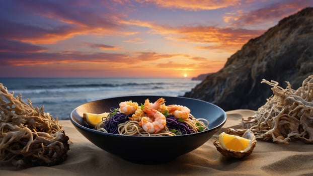 Vibrant seafood pasta dish with shrimp and lemon on a beach at sunset, waves crashing in background photo