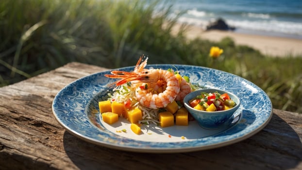 Fresh shrimp dish served on a beachside table with mango, salsa, and ocean view in the background photo