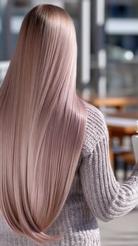 A woman with long, pink hair is holding a cup of coffee photo