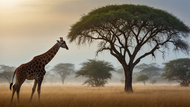 Majestic giraffe standing gracefully in golden grasslands beneath a large acacia tree at sunrise photo