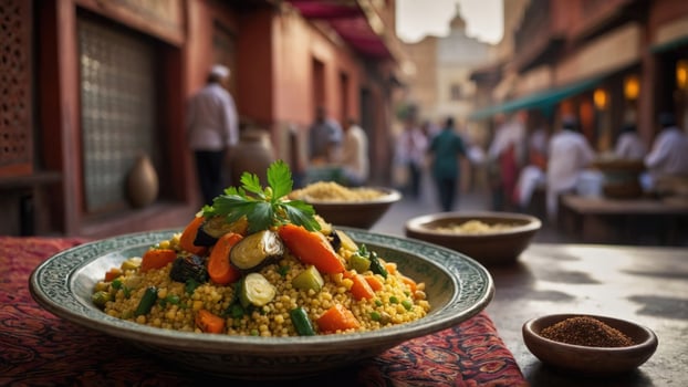 Vibrant plate of couscous topped with vegetables, set in a bustling market with people and stalls photo