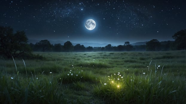 Serene night landscape featuring a bright full moon illuminating a grassy field under a starry sky photo