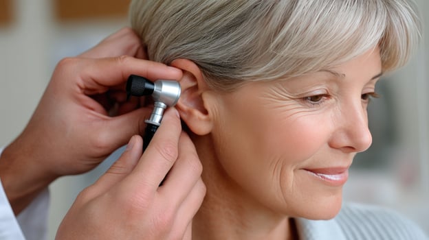 A woman is getting her ear checked by a doctor photo