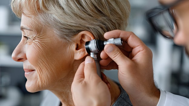 A doctor examining an older woman's ear photo