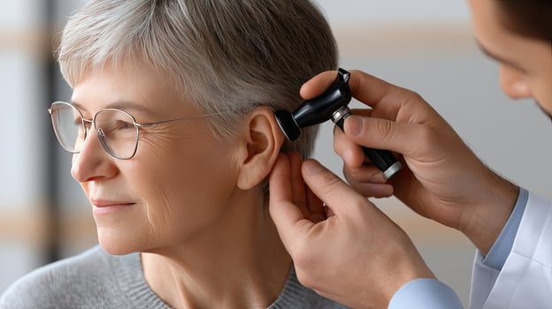 A doctor is examining an older woman's ear photo