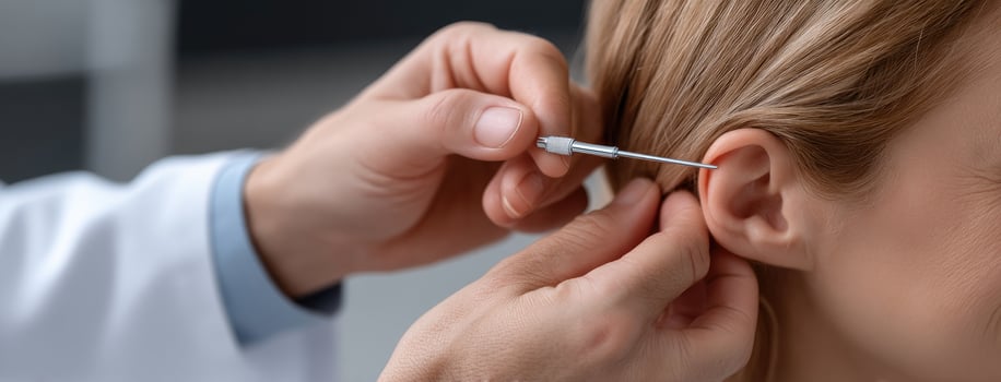 A doctor is putting an ear piercing needle into a woman's ear photo