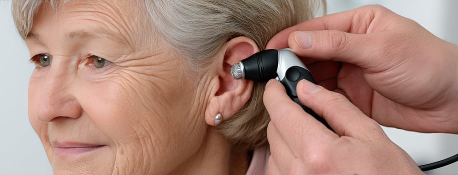 A woman is using an earpiece to listen to an older woman photo