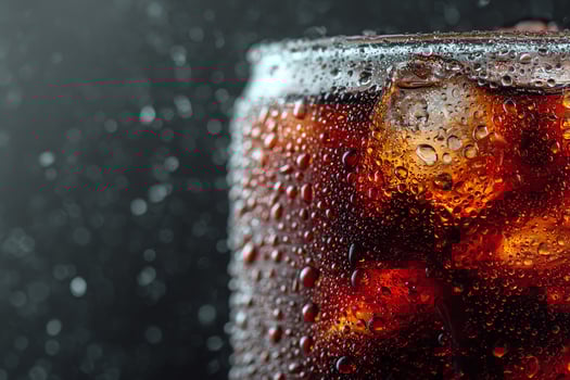 Chilled beverage in glass with ice and condensation. photo