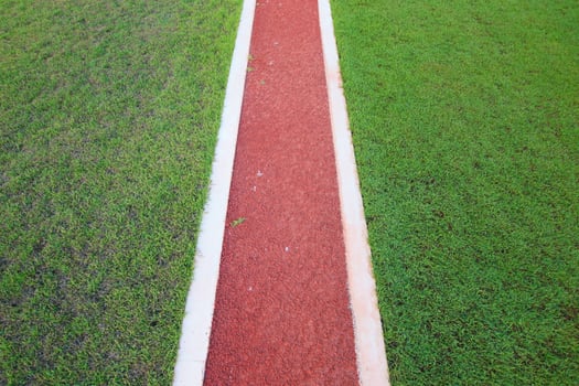 A red path cutting straight through green grass in a balanced, minimalist layout. Strong visual contrast makes it ideal for abstract backgrounds and health or eco concepts. photo