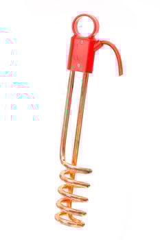 Copper immersion water heater with red plastic handle isolated on white background, used for quick water heating. photo