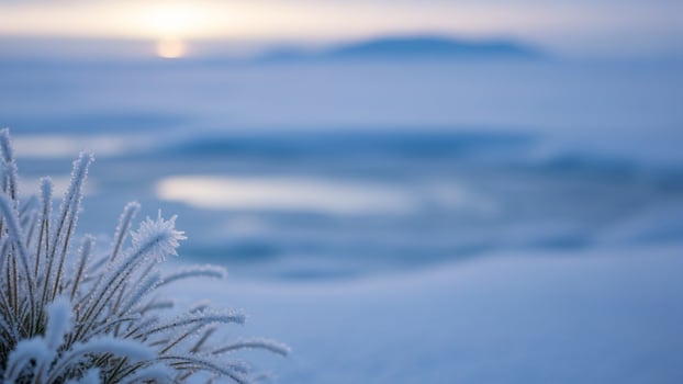 A plant in the snow with the sun setting behind it photo