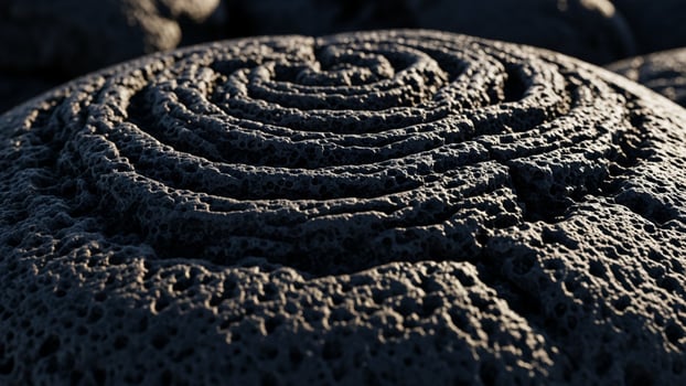 A close up of a black rock with a spiral pattern photo