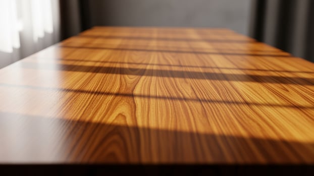 A wooden table with sunlight shining on it photo