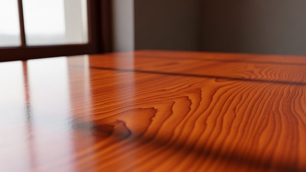 A table with a wooden surface and a window photo