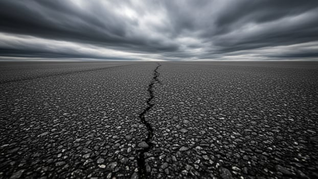 A crack in the asphalt road under a cloudy sky photo