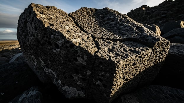 A large rock sitting on the ground in the middle of a field photo