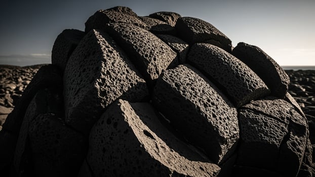 A pile of rocks on the beach with the sun in the background photo