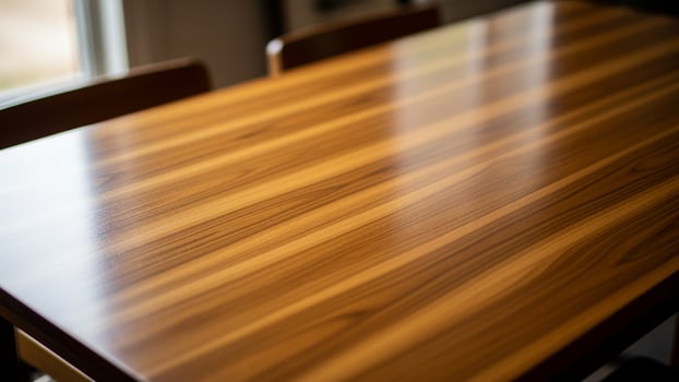 A wooden table with four chairs in front of a window photo