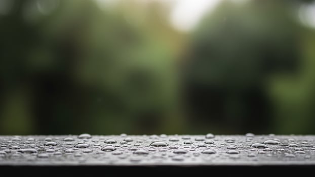 Water droplets on a wooden table with blurred trees in the background photo