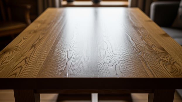 A table with a wooden top and a chair in the background photo