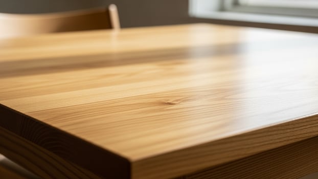 A wooden table with a wooden chair in front of a window photo