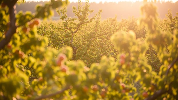 A field of trees with a sunset in the background photo