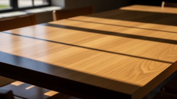 A wooden table with chairs in front of a window photo