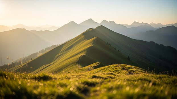 Mountain landscape at sunrise with grass and trees photo
