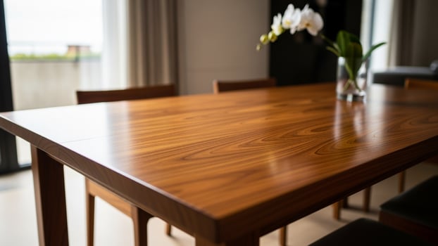 A wooden table with four chairs and a vase of flowers photo