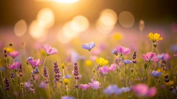 Wild flowers in a field at sunset photo